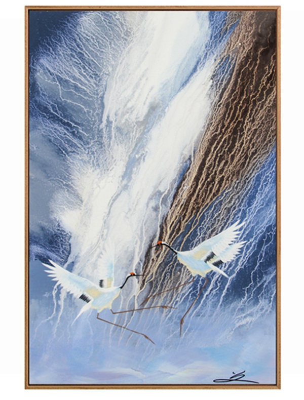 新中式抽象客廳裝飾畫(huà) 餐廳原創(chuàng)純手繪畫(huà) 玄關(guān)環(huán)保PS框掛畫(huà) 仙鶴