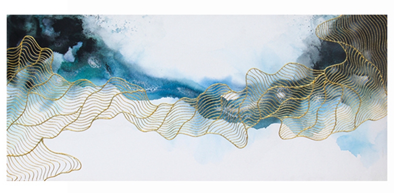 新中式客廳裝飾畫 餐廳原創(chuàng)純手繪金線畫 臥室環(huán)保PS框掛畫 藍色水韻