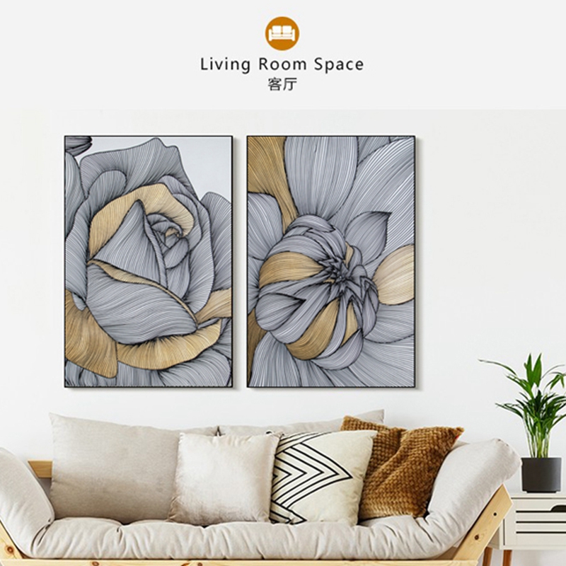 新中式客廳裝飾畫 餐廳原創(chuàng)純手繪線條畫 玄關(guān)環(huán)保PS框掛畫 花朵