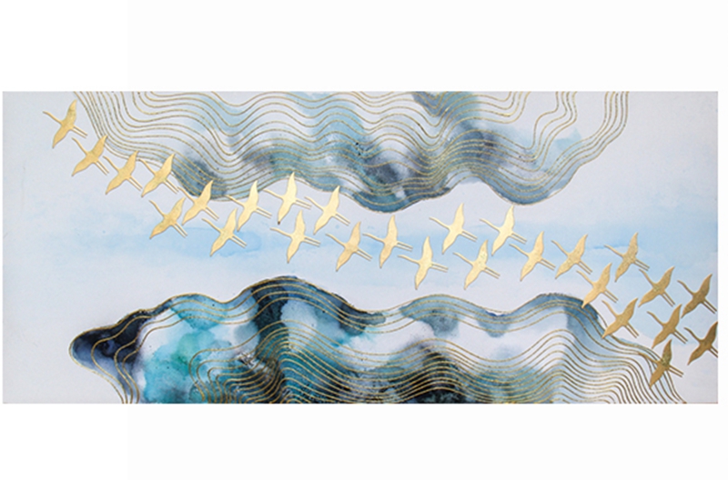 新中式客廳裝飾畫 餐廳原創(chuàng)純手繪金線畫 臥室環(huán)保PS框掛畫 遷徙