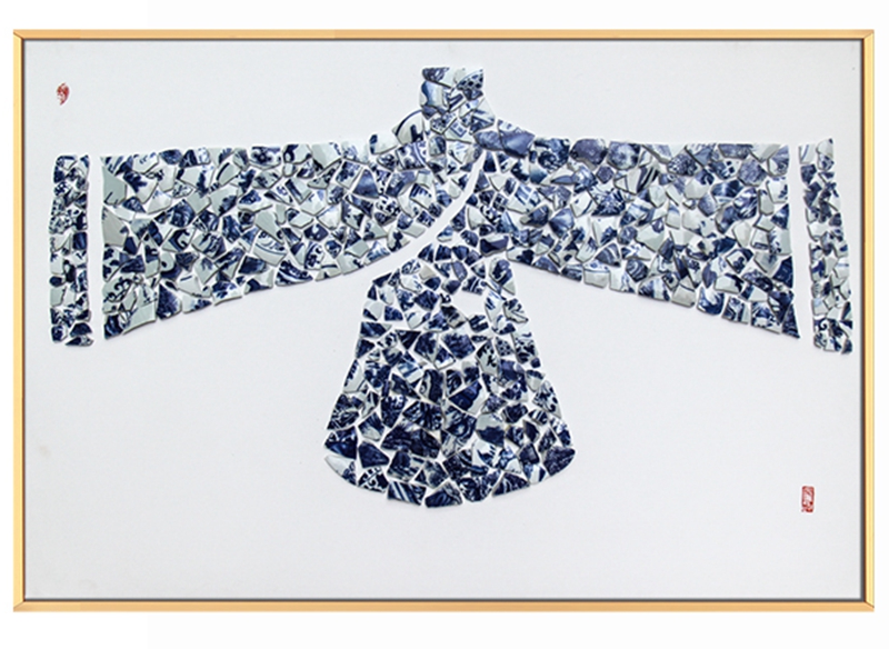 新中式客廳裝飾畫 餐廳原創(chuàng)純手繪青瓷畫 臥室鋁合金框掛畫 布衣