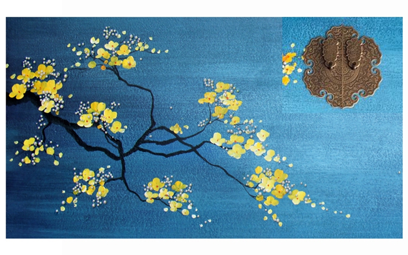 新中式客廳裝飾畫 餐廳原創(chuàng)實(shí)物畫 玄關(guān)環(huán)保PS框掛畫 黃梅花