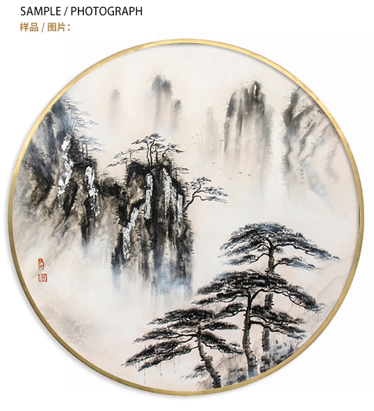 新中式客廳裝飾畫(huà) 書(shū)房原創(chuàng)純手繪山水畫(huà) 臥室不銹鋼金屬圓框掛畫(huà) 迎客松2
