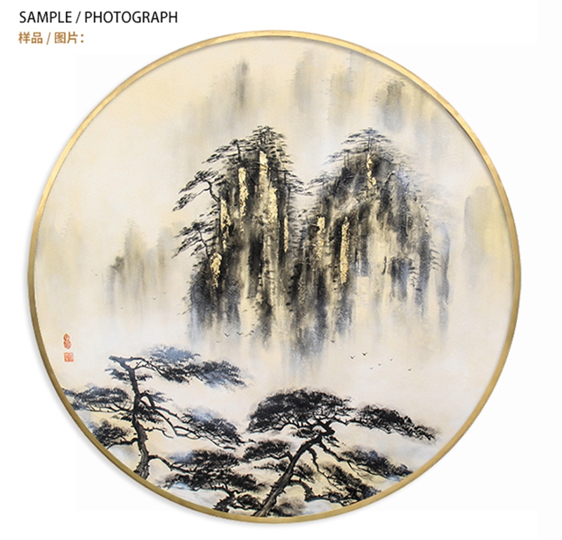 新中式客廳裝飾畫(huà) 書(shū)房原創(chuàng)純手繪畫(huà) 臥室不銹鋼金屬圓框掛畫(huà) 迎客松